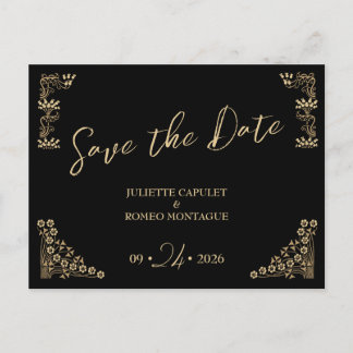 Elegant gold Art Deco on black save the date Postcard