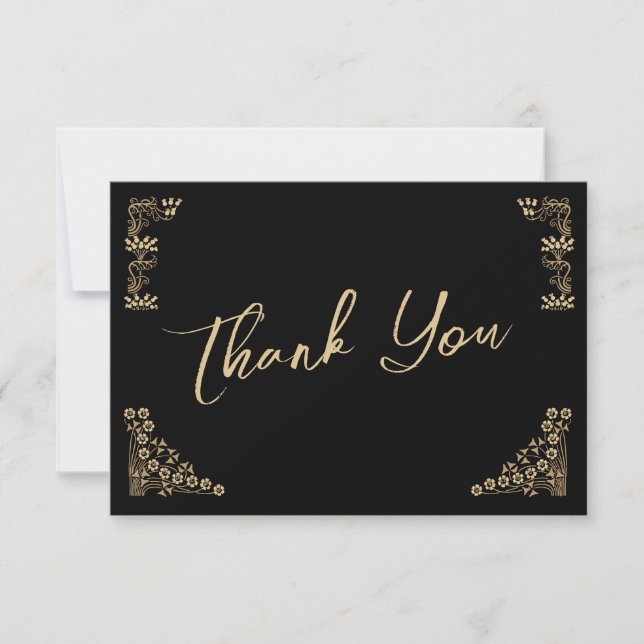 Elegant gold Art Deco on black wedding Thank You Card (Front)