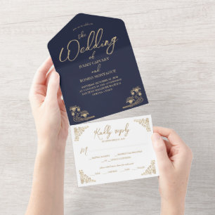 Elegant gold Art Deco on blue All In One wedding Invitation