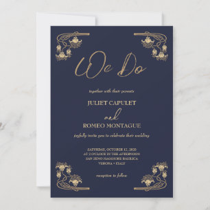 Elegant gold Art Deco on blue we do wedding Invitation