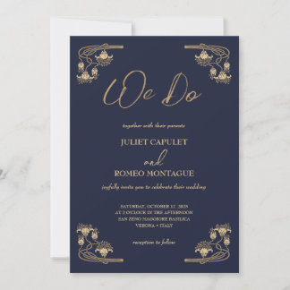 Elegant gold Art Deco on blue we do wedding Invitation