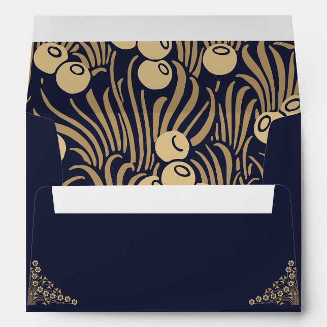 Elegant gold Art Deco on blue wedding invitation Envelope (Back (Bottom))