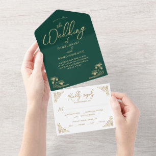 Elegant gold Art Deco on green All In One wedding  Invitation