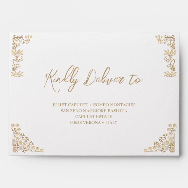 Elegant gold Art Deco on white Self-Addressed RSVP Envelope (Front)