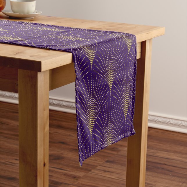 Elegant  & Gold Art-Deco Pattern on Purple Short Table Runner (In Situ)