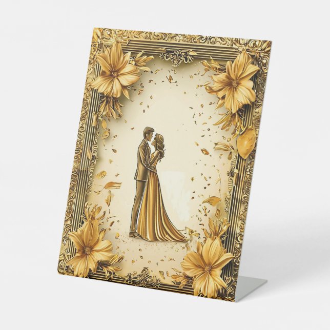 Elegant Gold Artwork of Romantic wedding Couple Pedestal Sign (Front)