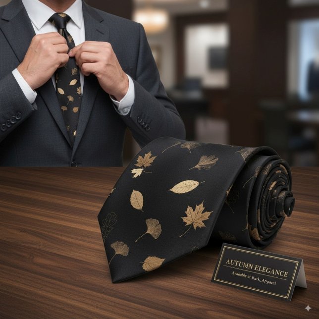 Elegant Gold Autumn Leaves Black Fall Themed Tie (Creator Uploaded)