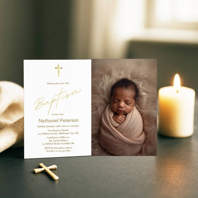 Elegant Gold Baby Boy Baptism Photo Invitation (Creator Uploaded)