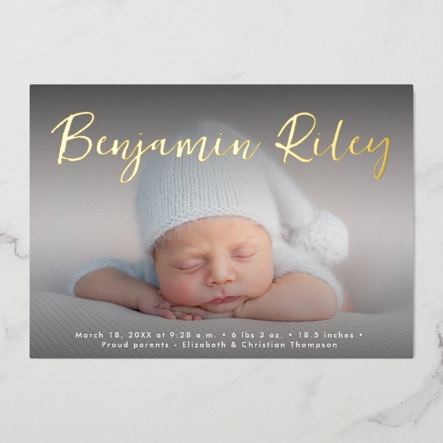 Elegant Gold Baby Boy Photo Custom Birth Stats (Front)