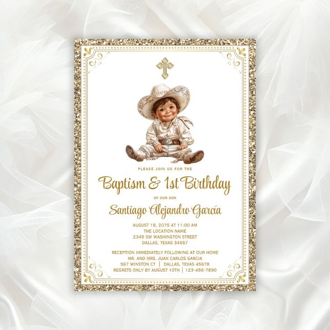 Elegant Gold Baby Charro Baptism & Birthday  Invitation (Cute baby charro baptism invitation. You can change all text as needed for your event. )
