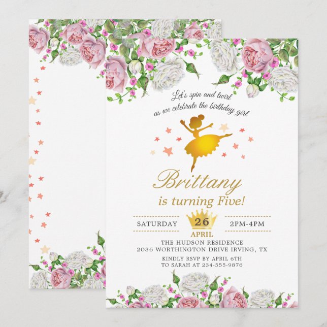 Elegant Gold Ballerina Floral Girl Birthday Party Invitation (Front/Back)