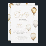 Elegant Gold Balloon 80th Birthday Party Invitation<br><div class="desc">Celebrate in style with this elegant 80th birthday party invitation featuring gold and white balloons, modern calligraphy script, and a touch of sparkle. Perfect for milestone celebrations, this customisable template allows you to easily personalise the name, age, date, time, and party details. A timeless and classy design for honouring a...</div>