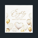 Elegant Gold Balloon 80th Birthday Party Napkin<br><div class="desc">Add a touch of elegance to your milestone celebration with these personalised 80th birthday party napkins. Featuring chic gold and white balloons, a heart balloon centerpiece, and stylish calligraphy script, these napkins are the perfect finishing detail for a glamourous birthday event. Customise with the honoree’s name and age for a...</div>