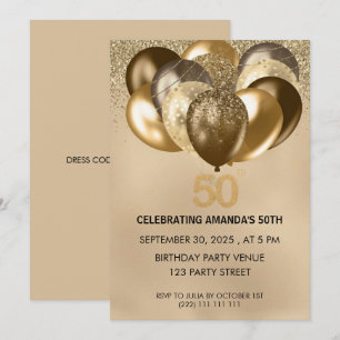Elegant Gold Balloons 50th Birthday Invitation