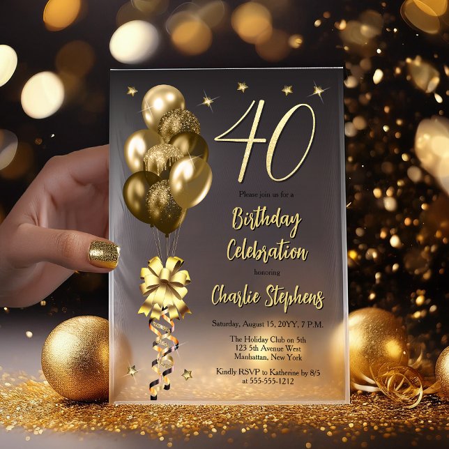 Elegant Gold Balloons on Black 40th Birthday Party Vellum Invitations (Elegant Faux Gold Glitter Accented Balloons on Fade to Black Backing 40th Birthday Vellum Invitation)