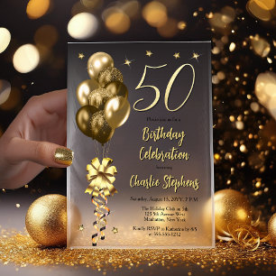 Elegant Gold Balloons on Black 50th Birthday Party Vellum Invitations