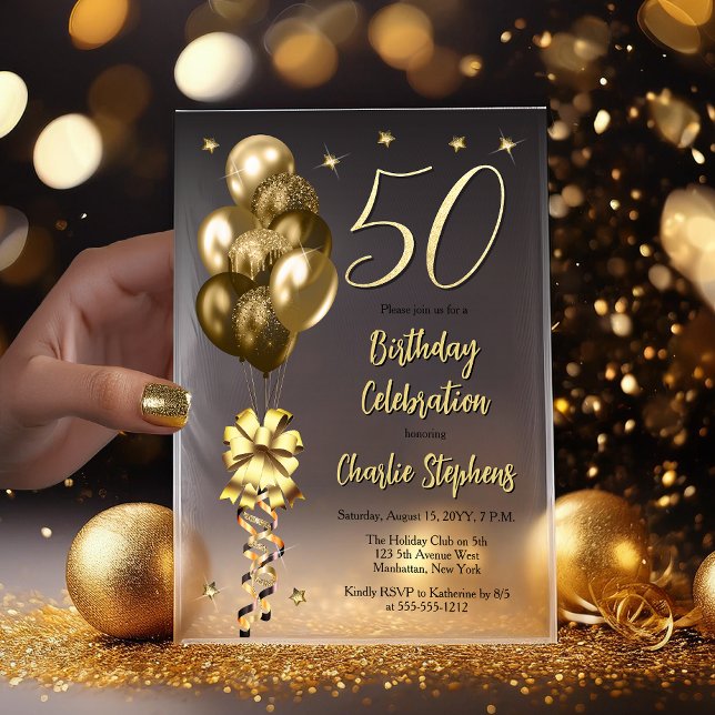 Elegant Gold Balloons on Black 50th Birthday Party Vellum Invitations (Elegant Faux Gold Glitter Accented Balloons on Fade to Black Backing 50th Birthday Vellum Invitation)