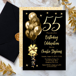 Elegant Gold Balloons on Black 55th Birthday Party Invitation