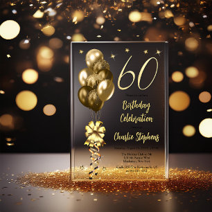 Elegant Gold Balloons on Black 60th Birthday Party Acrylic Invitations