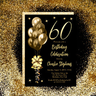 Elegant Gold Balloons on Black 60th Birthday Party Invitation