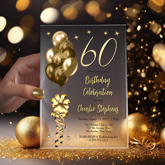 Elegant Gold Balloons on Black 60th Birthday Party Vellum Invitations (Elegant Faux Gold Glitter Accented Balloons on Fade to Black Backing 60th Birthday Vellum Invitation)