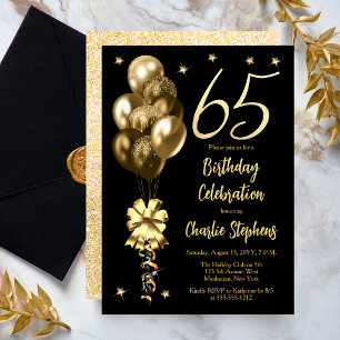 Elegant Gold Balloons on Black 65th Birthday Party Invitation