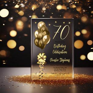 Elegant Gold Balloons on Black 70th Birthday Party Acrylic Invitations