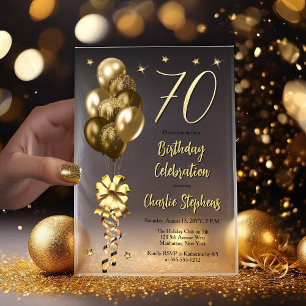 Elegant Gold Balloons on Black 70th Birthday Party Vellum Invitations