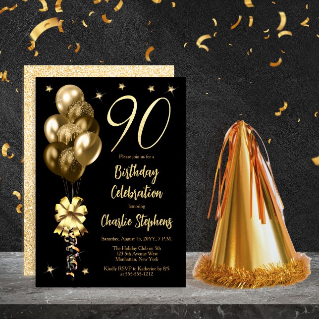 Elegant Gold Balloons on Black 90th Birthday Party Invitation (Elegant Gold-Toned Balloons on Black 90th Birthday Party Invitation)