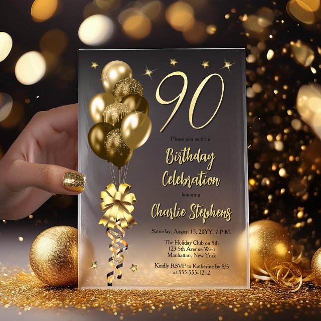 Elegant Gold Balloons on Black 90th Birthday Party Vellum Invitations (Elegant Faux Gold Glitter Accented Balloons on Fade to Black Backing 90th Birthday Vellum Invitation)