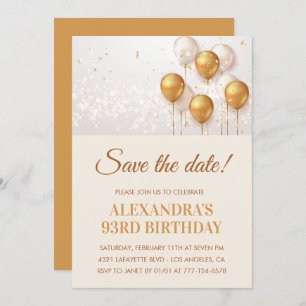 Elegant Gold Balloons Save the date 93rd birthday Invitation