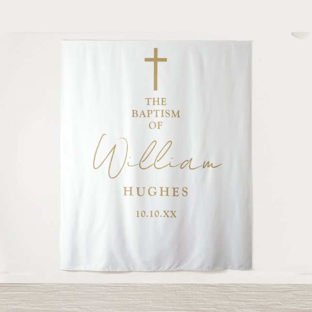 Elegant Gold Baptism Christening Photo Backdrop Tapestry (Front)