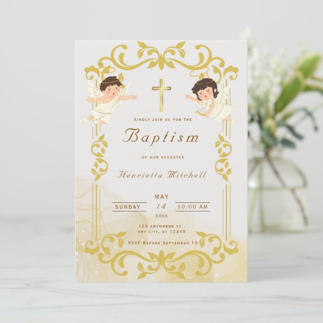 Elegant Gold Baptism Invitation with Angels & Cros (Standing Front)