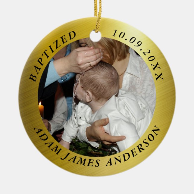 Elegant Gold Baptism Photo Ceramic Tree Decoration (Front)
