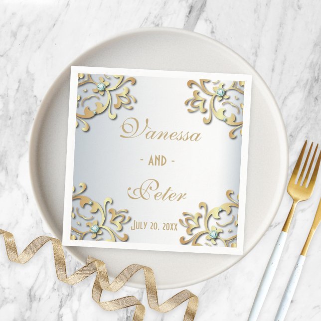 Elegant Gold Baroque Border On Silver Wedding Napkin (Creator Uploaded)