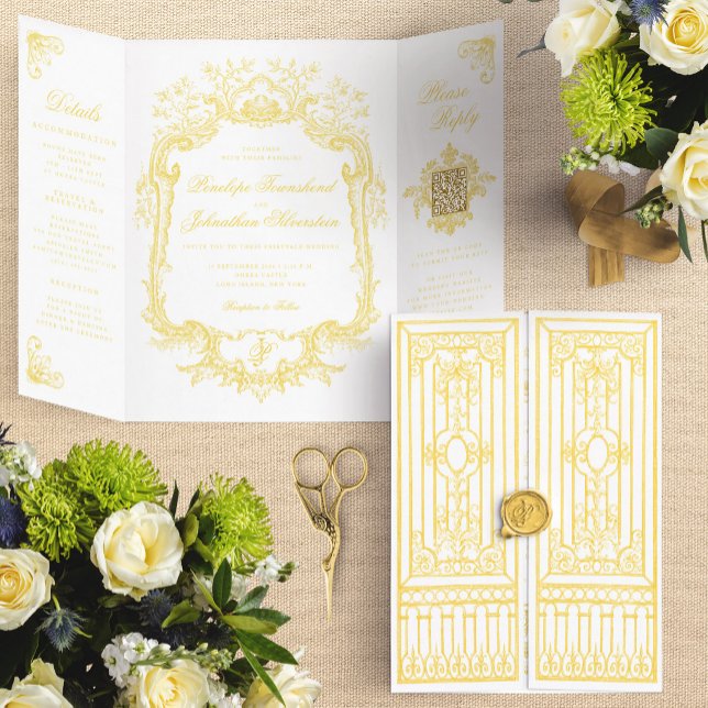 Elegant Gold Baroque Gate Fairytale Wedding Tri-Fold Invitation (Elegant Gold Baroque Gate Fairytale Wedding Tri-Fold Invitation)
