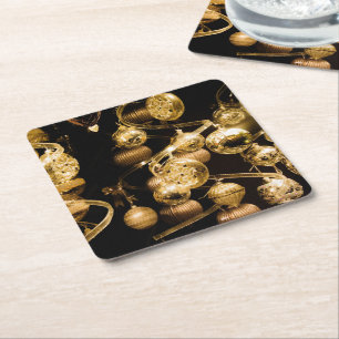 Elegant Gold Baubles and Spiral Pattern Square Paper Coaster