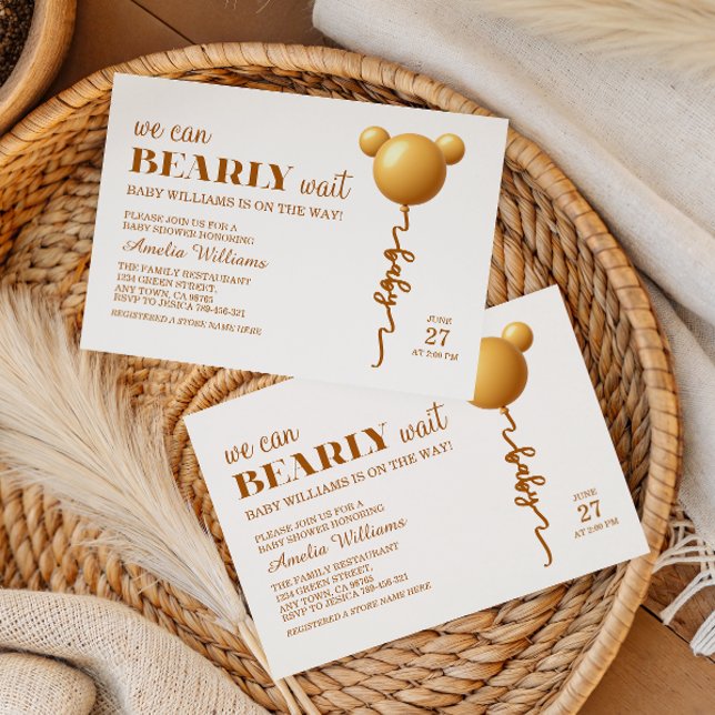 Elegant Gold Bear Balloon Bearly Wait Neutral Invitation (Creator Uploaded)