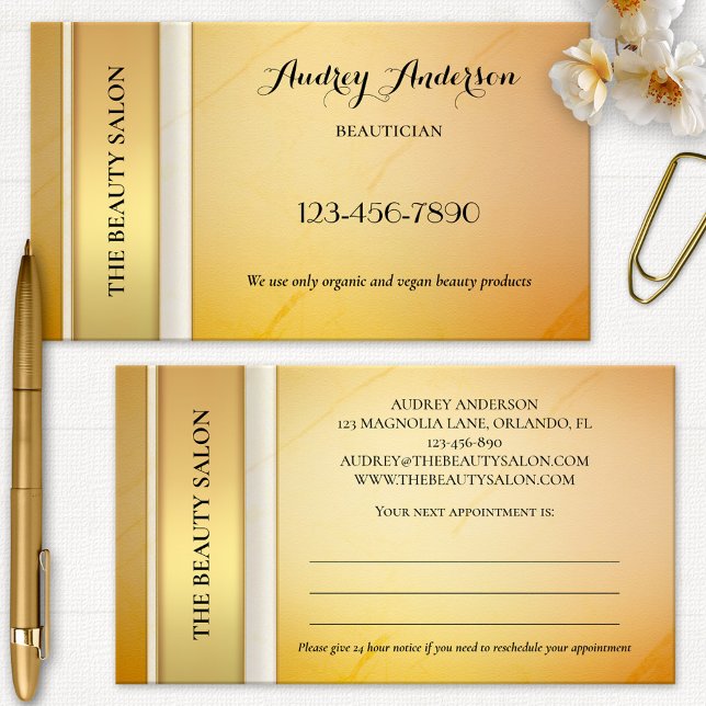 Elegant Gold Beauty Appointment Business Card (Professional glam appointment business card in gold and ivory with peach)