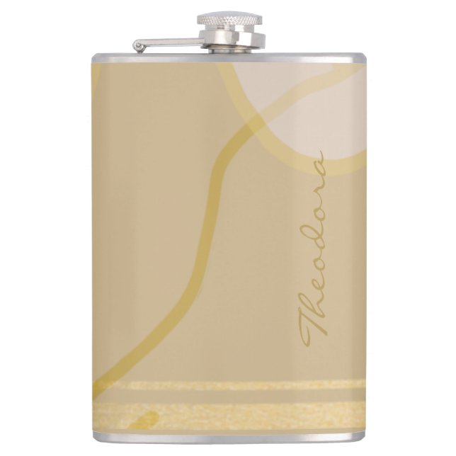 Elegant Gold Beige Abstract Floral Pattern Hip Flask (Front)