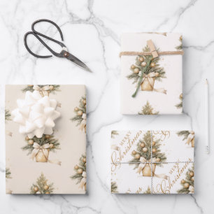 Elegant Gold Beige Christmas Tree Calligraphy Wrapping Paper Sheet