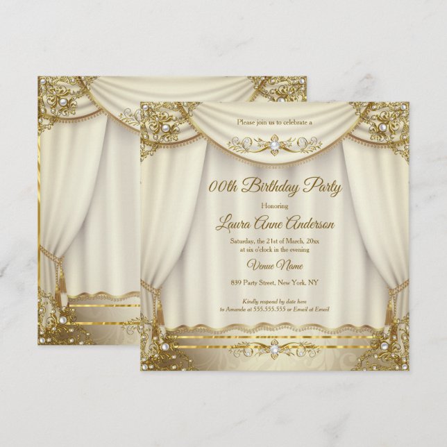 Elegant Gold Beige Cream Pearl Drapes Birthday Invitation (Front/Back)