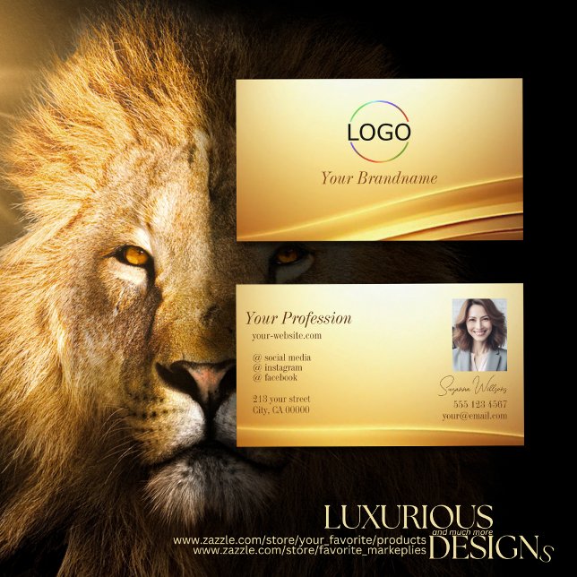 Elegant Gold Beige Curve Decor with Logo and Photo Business Card (Creator Uploaded)
