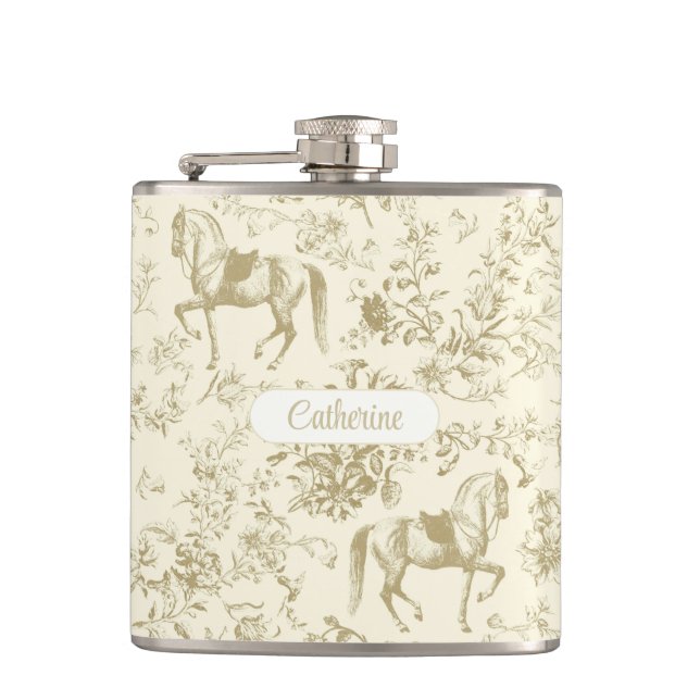 Elegant Gold Beige Equestrian Floral Toile Name Hip Flask (Front)