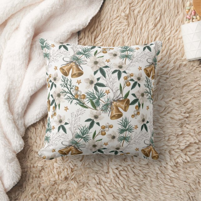 Elegant Gold Bells & White Winter Floral Pattern Cushion (Blanket)