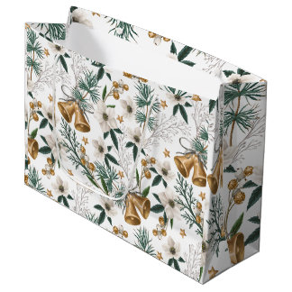 Elegant Gold Bells & White Winter Floral Pattern Large Gift Bag