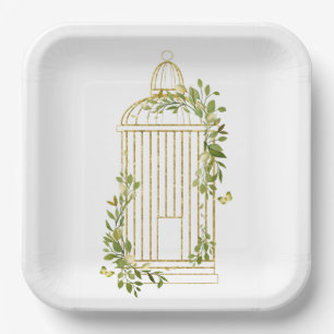 Elegant Gold Bird Cage with Foliage Paper Plate