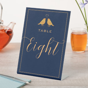 Elegant Gold Birds Navy Blue Table Number Eight Pedestal Sign