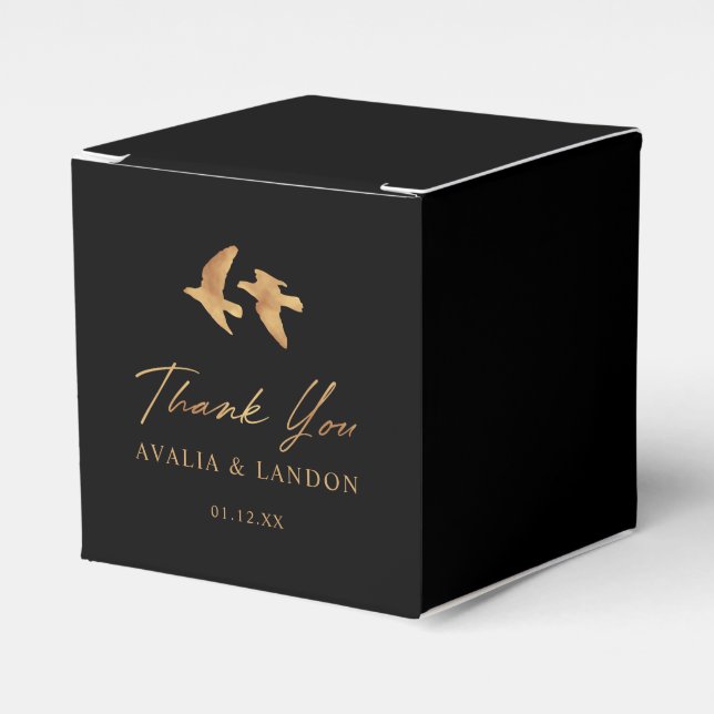Elegant Gold Birds on Black | Wedding  Favour Box (Front Side)