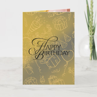 Elegant Gold Birthday Card with Balloons and Gifts
